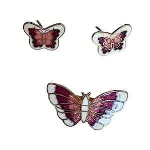 Vintage White Pink Cloisonné Butterfly Earrings & Brooch Set